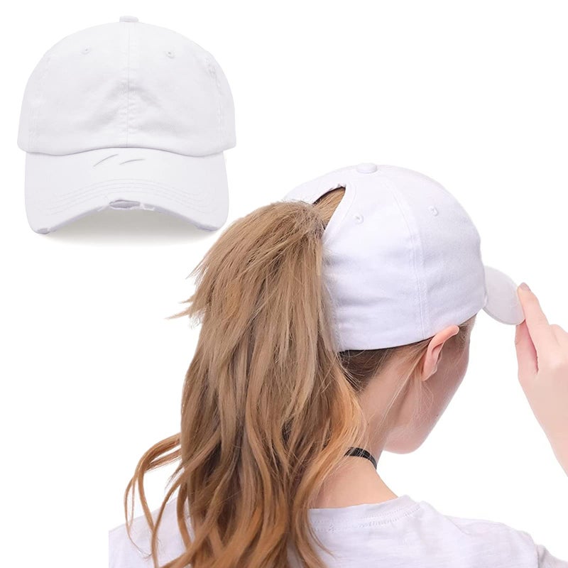 ProMindFun Womens Ponytail High Messy Bun Hats Distressed Baseball Caps Unconstructed Washed Dad Hat Girls Trucker Ponycaps (06-White) - Image 1